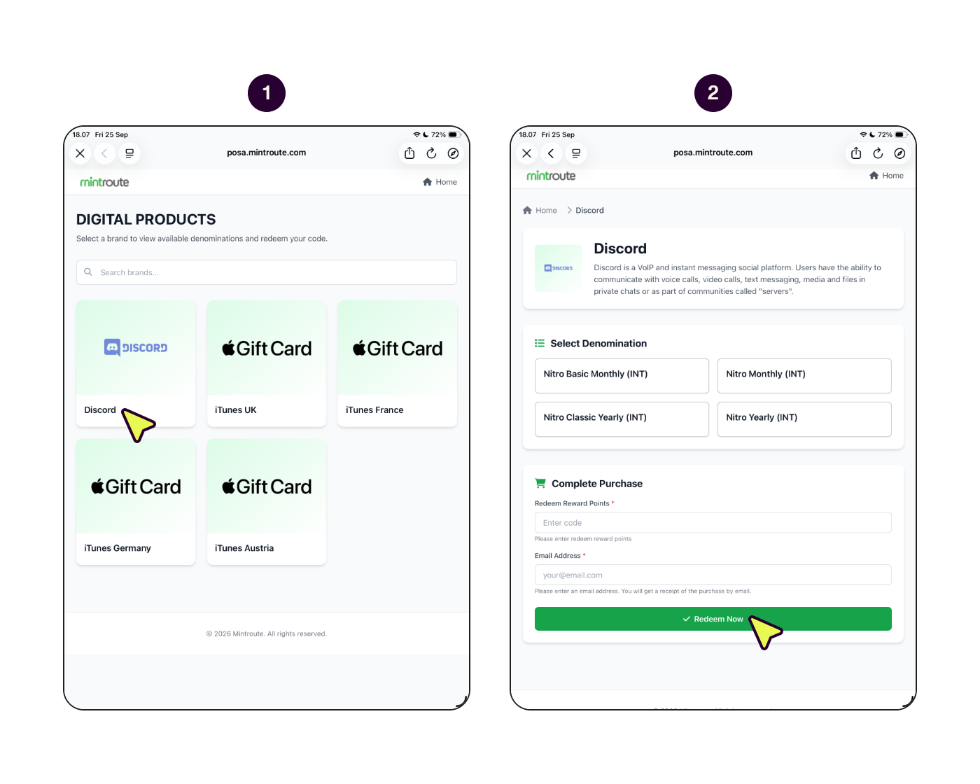 Step-by-step to redeem a Discord Nitro Yearly voucher code on the Mintroute website.